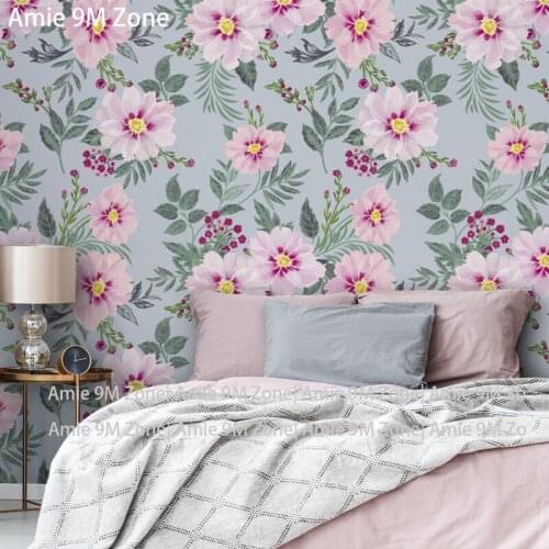 Light grey blue background pink and purple flowers pattern floral bedroom living room discount customers wall size wallpaper