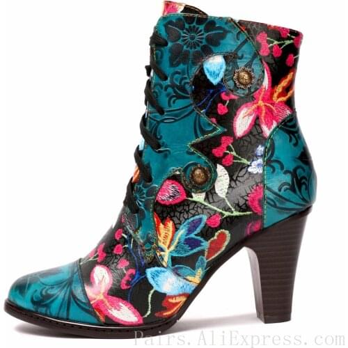 2020 Luxury Design High Heel Boots Women Real Leather Flowery Retro Shoes Autumn Winter Ladies Festival Footwear Big Size 42
