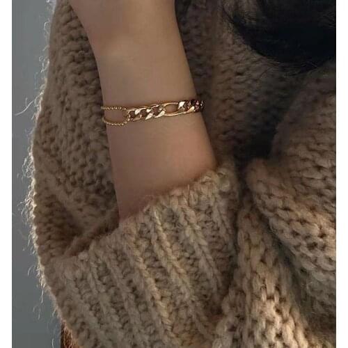 2021 Waterproof Stainless Steel Figaro Chain&Cuban Chain Patchwork Bracelets for Women Ladies Street Style Gold Chain Bracelet