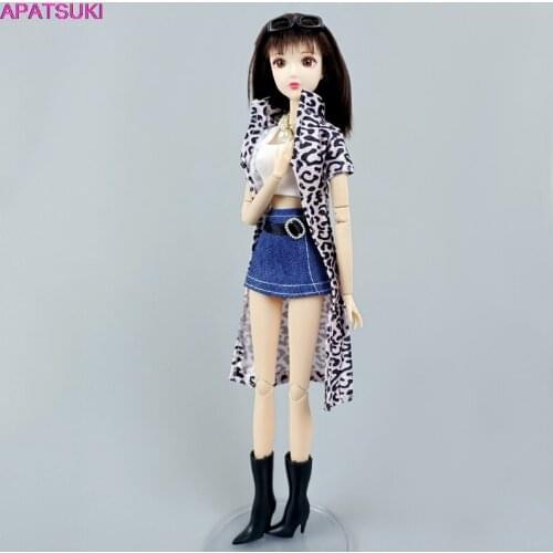 1set Dolls Accessories For Barbie Doll Outfits Leopard Long Coat & White Top Vest & Skirt Shoes Clothes Dollhouse Toys 1/6