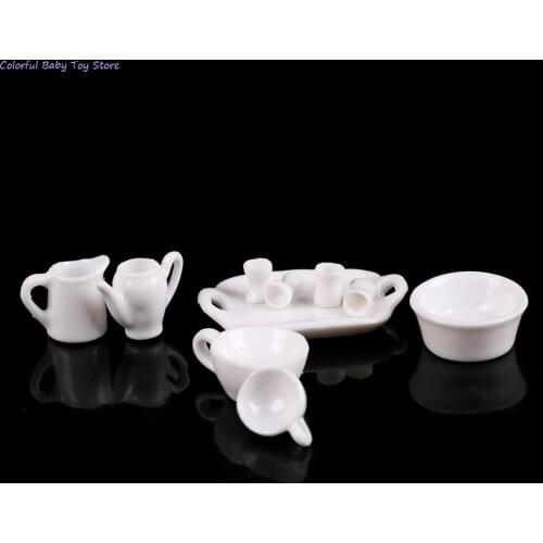 10pcs/set White Doll House Miniature 1:12 Porcelain Tableware Teapot Coffee Cups Saucer Tray Plate Tea Set Pot Kitchen Decor