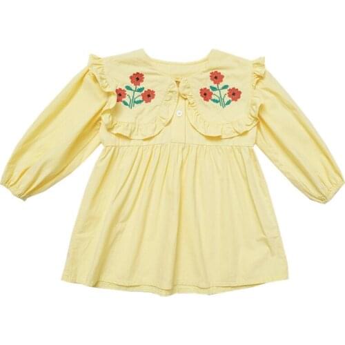 2021 1-6Y autumn cotton girls high waist mid-length dress childrens solid color ruffled long-sleeved button dress