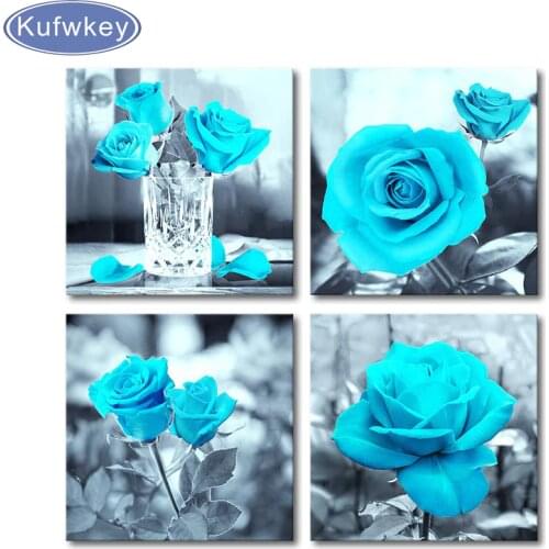 DIY Diamond painting cross stitch kits Black and White Teal Rose Flower Painting,Wall Decor 4 Pieces set Diamond Embroidery
