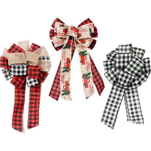 Linen Large Ribbon Bow Christmas Decoration Lattice Stitching Bow Christmas Tree Decor Door Wall Pendant Bow Flower Ball