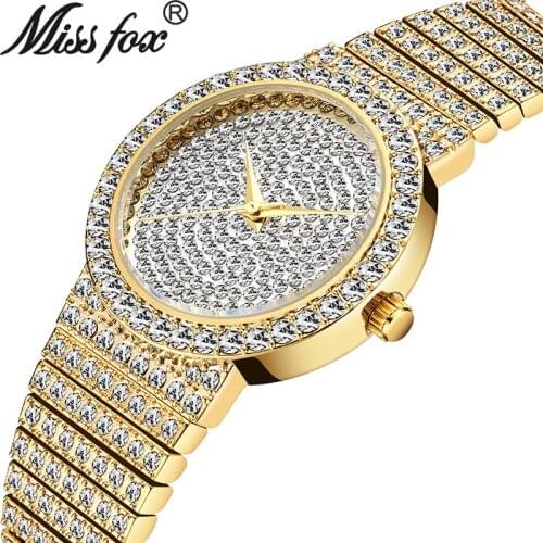 MISSFOX Top Brand Unique Watch Men 7mm Ultra Thin 30M Water Resistant Iced Out Round Expensive 34mm Slim Wrist Man Women Watch