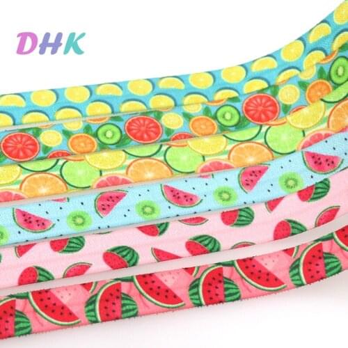 DHK 5/8'' 5yards Watermelon Lemon Orange Printed Fold Elastic FOE Stretch Ribbon Hairbow Headwear Headband DIY OEM E1950
