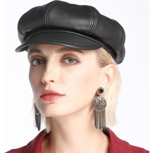 Winter Women Genuine Leather Black Painter Hats Men Big Brim Octagonal Baseball Caps Female Watermelon Caps Leisure Casquette