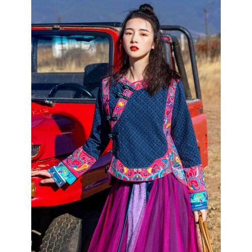 Chinese Dress Embroidery Cyan Printing Qipao China Style Cheongsams Eight Treasures Auspicious Cloud Cheongsam Short Tang Jacket