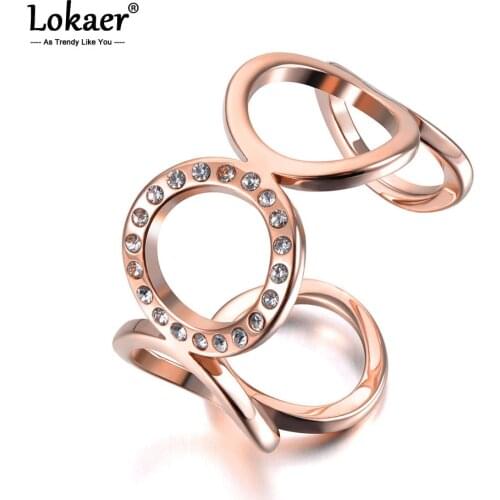 Lokaer New Stainless Steel O-shape Geometric Open Ring Rose Gold Micro Pave CZ Crystal Anniversary Rings For Women Girls R19028