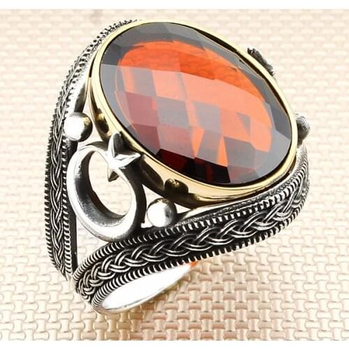 Oval Red Zircon Stone Men Silver Ring With Crescent Star And Turkish Flag Motif Made in Turkey Solid 925 Sterling Silver