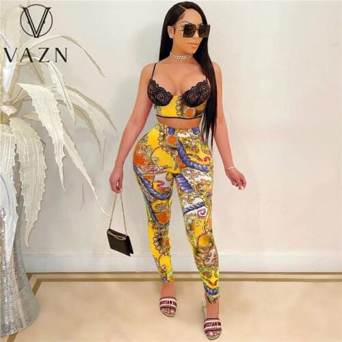 VAZN 2020 Hot Sale Women Lace Bar Tie Dye Print Sleeveless Sport Set Tracksuit Sexy Suit Two Piece Set Sport Running Lady Sets