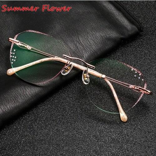 Round Retro Eye Glasses Colored Lenses Rimless Prescription Frames for Women Optical Myopia Spectacles Diamond Glass