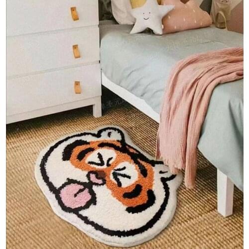 Cute Tiger Carpet Bedroom Floor Rug Home Decor Imitation Cashmere Warm Cartoon Bedside Mat for Kids Adults Door Entrance Blanket