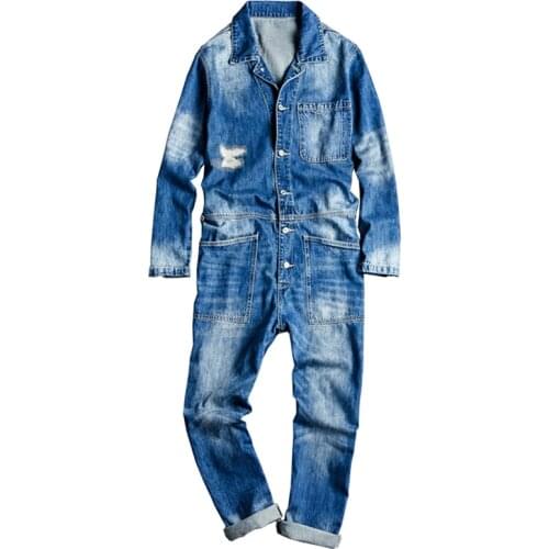 Sokotoo Mens long sleeve patchwork ripped denim jean jumpsuits Loose hip hop coveralls Youth overalls