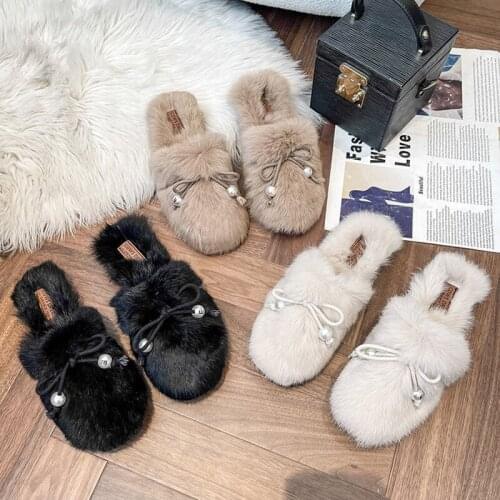 Celebrity Pearl bow-knot mink fur mules women winter shoes woman cover toe plush slides low heels warm furry slippers female