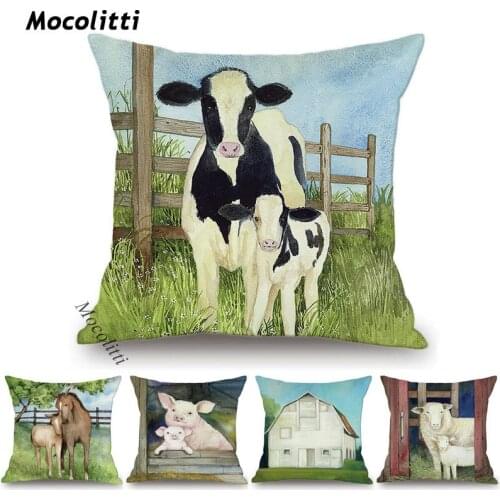 Nordic Farm Animal Cute Family Cows Pigs Horses Water Color Art Home Decorative Car Sofa Cushion Cover Velvet Throw Pillow Case