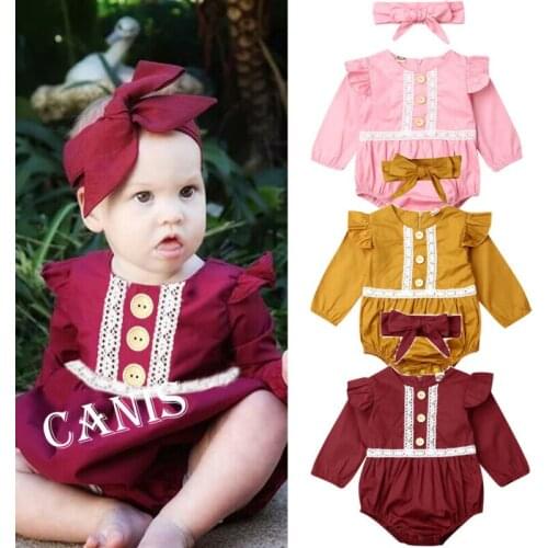 Newborn Baby Girl Autumn Clothes Long Sleeve Lace Romper Jumpsuit 2PCS Outfit