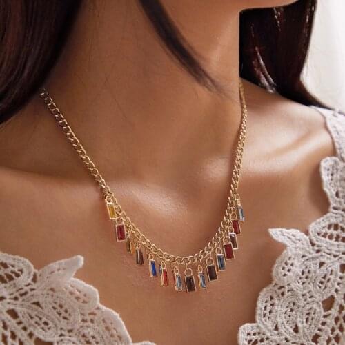 Bohemian Colorful Crystal Necklace for Women Simple Geometric Square Pendant Neck Clavicle Chain Fashion Trend Jewelry New 2021