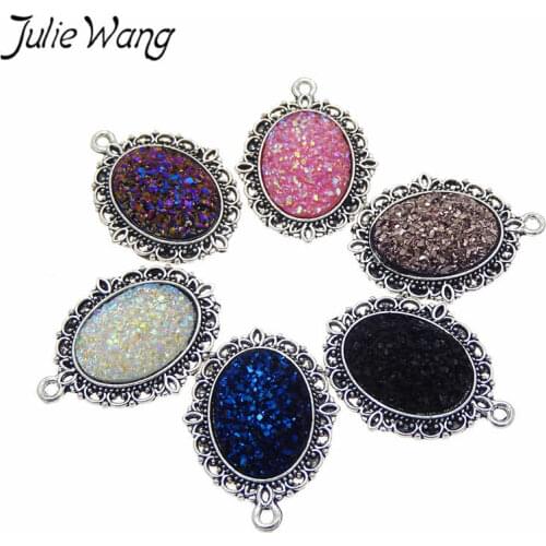 Julie Wang 5PCS 13x18mm Oval Resin Druzy Cabochon Charms Connector Alloy Base For Necklace Pendant Jewelry Making Accessory