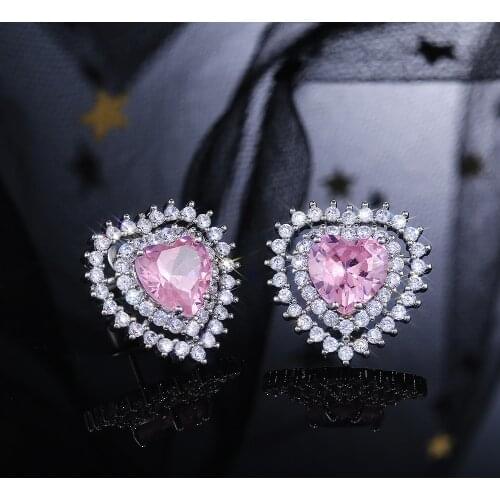 Huitan Princess Pink Heart Stud Earrings Dazzling Cubic Zirconia Romantic Female Earrings Trendy Jewelry Delicate Gift for Women