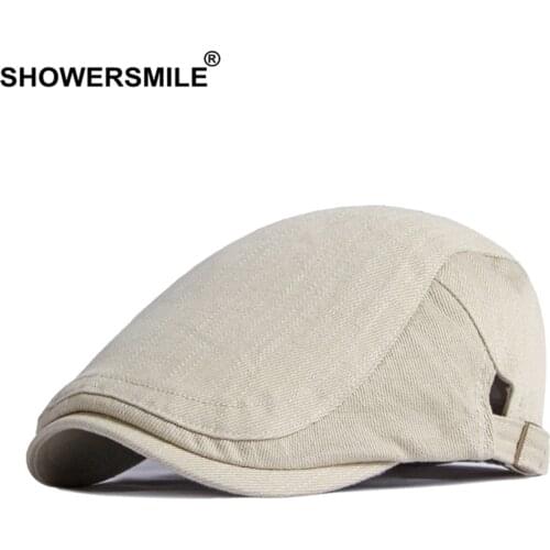 SHOWERSMILE Cotton Mens Beret Hat British Style Newsboy Solid Beige Black Navy Khaki Spring Summer Flat Cap Adjustable 55-60cm