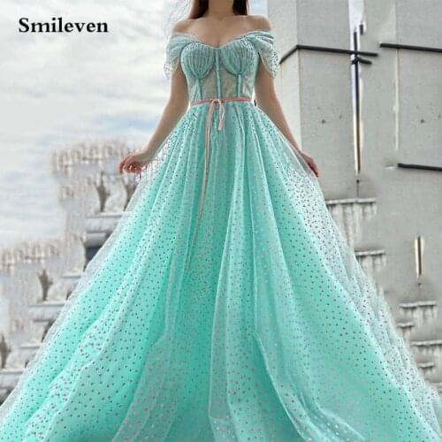 Smileven Mint Green Polka Dots Tulle Evening Dress Party Gowns Robe De Soiree Off The Shoulder Formal Prom Dresses