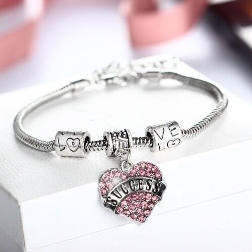 Inspirational Bracelet SUCCESS Crystal Heart Charm Bracelets Women Men Friends BFF Bangle Family Gifts Love Beads Chain Jewelry