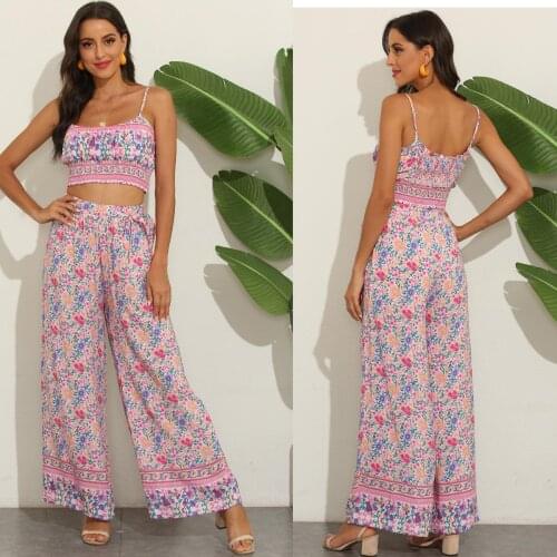 2021Spring new womens clothing European and American fashion vintage printed rayon printed vest+casual pants suit