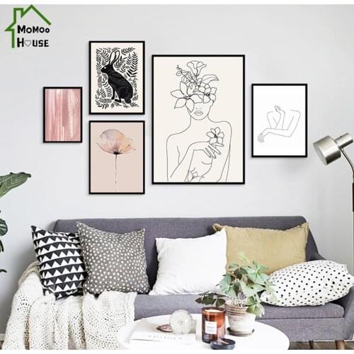 Vintage Woman Firgue Rabbit Silhouette Canvas Painting Abstract Lines Posters Living Room Decoration Wall Art Picture Home Decor