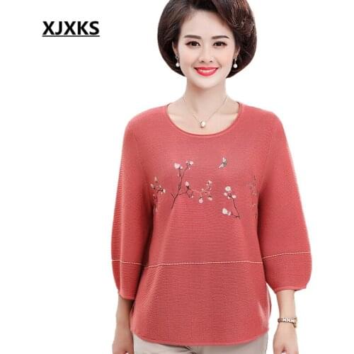 XJXKS Exquisite embroidery round neck three-quarter sleeve women autumn sweater 2020 new high-quality wool knitted women sweater