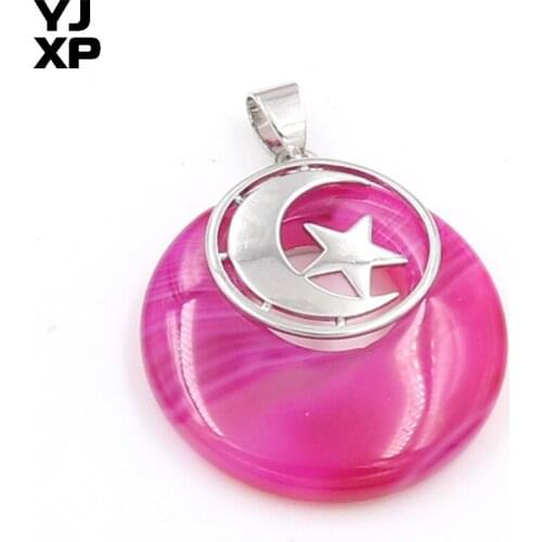 YJXP Silver Plated Round Hollow with Star Stripe Rose Red Agates Pendant Half Moon Vintage Jewelry