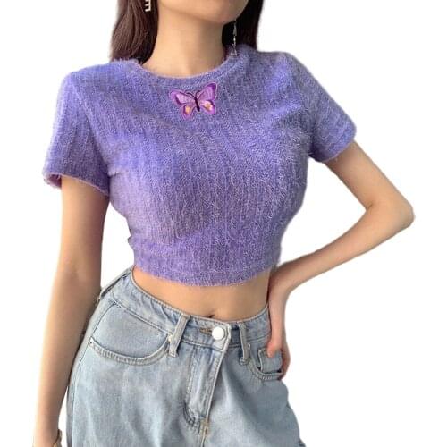 Women T-shirt Solid Knitted Fur Beautiful Butterfly Embroidery Round Neck Short Sleeve Cropped Tops Summer Autumn Casual Tops