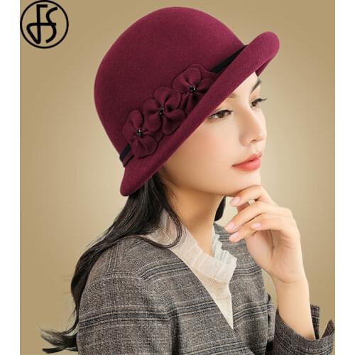 FS Vintage Winter Hats For Women Fedora Hat Black Wide Brim Wool Hats Flower Elegant Lady Autumn Church Bowler Cloche Caps