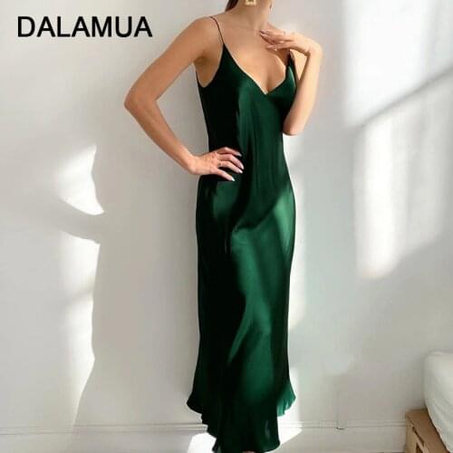 Women Slip Dress Satin Sleeveless V-Neck Solid Silk Elegant Vintage Lady 2021 Summer Quality Female Long Spaghetti Strap Dresses