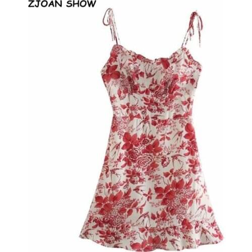 Vintage France Summer Wood ears V neck Floral Print Bandage Spaghetti Strap Short Dress Sexy Women Lacing Up Sling Party Dresses