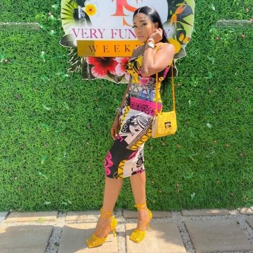 Summer Women Midi Dress One Shoulder Print Sleeveless Strap Stretchy Skinny Vintage Streetwear 2021