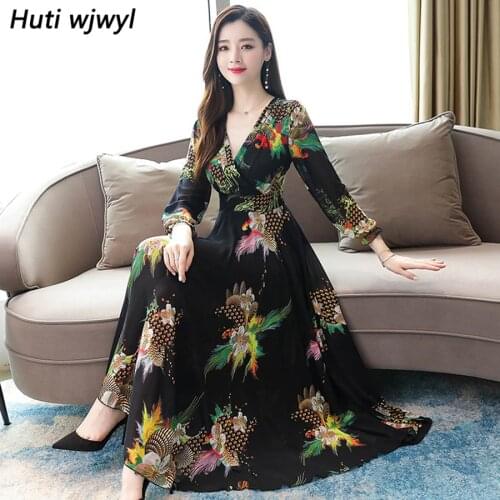 2021 Vintage Print Long Sleeve Maxi Dresses Autumn Winter 3XL Plus Size Chiffon Sexy Dress Elegant Women Bodycon Party Vestidos