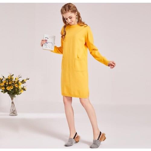 Knitted Dress Womens Spring And Autumn Long Sleeves Loose Yellow Twinkle Sweater Dress vestidos