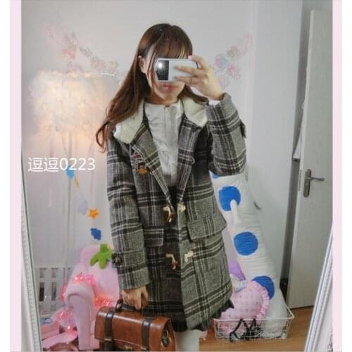 Winter vintage college style sweet lolita overcoat horn button lattice jk uniform victorian coat kawaii girl gothic lolit