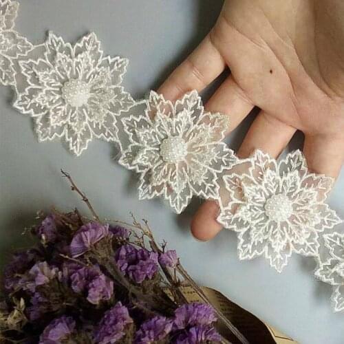 1 yard Ivory Pearl Beaded Embroidered Flower Lace Ribbon Trim Floral Applique Patches Fabric Sewing Craft Vintage Wedding Dress