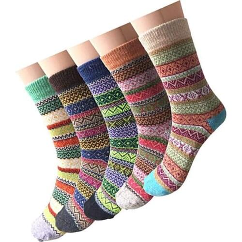 5 Pairs Of Christmas Socks - Womens Retro Style Thick Wool Warm Winter Crew Socks Hot Sale 2019