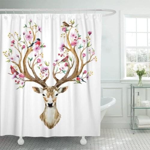 Watercolor Deer Big Antlers Flowers and Birds Horns Branches Shower Curtain Waterproof Polyester Fabric 60 x 72 Inches Set