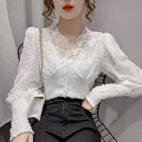 Blouse Women Shirt V-neck Jacquard Lace Shirt Womens 2021 Small Shirt Puff Sleeve Chiffon Spring Blusas Mujer De Moda