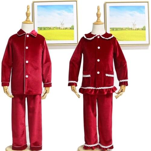 Button with lace ruffle kids sleepwear children nightwear boys and Girls Christmas velvet pyjamas