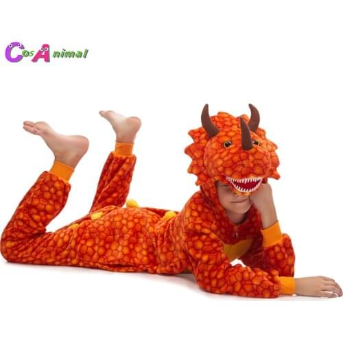 Orange Triceratops Dinosaur Children Kigurumi Kids Onesies Pajamas Cosplay Costumes For Halloween New Year Carnival Party