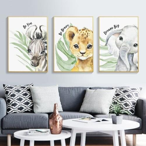 Baby Watercolor Animal Poster Zebra Elephant Tiger Nursery Wall Art Plant Leaf Canvas Print Painting Kid Room Decoration Picture