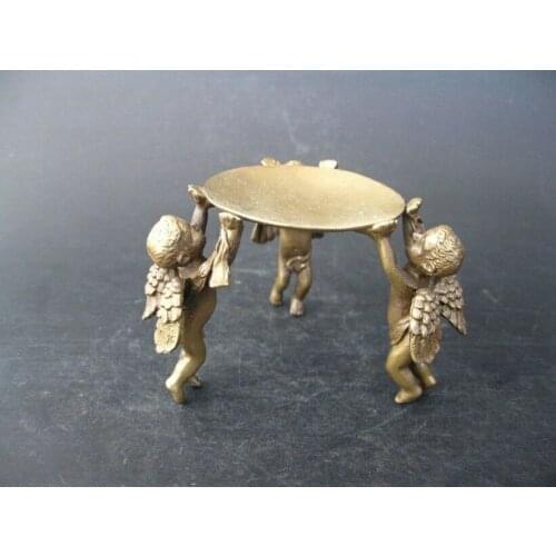 Collectible Chinese Handwork Bronze Carved 3 Angel statue Oil Lamp Candlestick Lampstand Plate dish