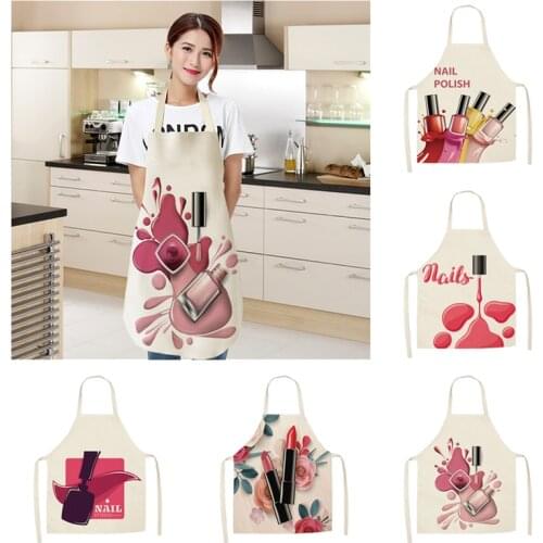 Korean Cartoon Linen Apron Pink Nail Polish Apron Home Kitchen Aprons Cooking Bib Creative Cleaning Apron Dinner Party Supplies