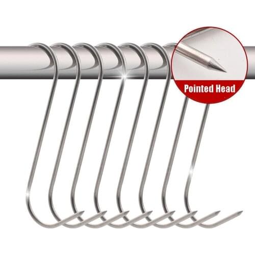 10Pcs 12/15cm Long Pointed S Hooks Rack Butcher Meat Stainless Steel Hanger Kitchen Hooks Bacon Sausage BBQ Tools