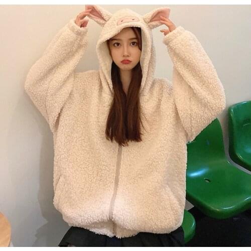 Kawaii Pig Ears Hoodies Japan Style Women Sweet Solid Colors Zipper Sweatshirts 2021 Spring Autumn New Fashion Cottagecore Coats